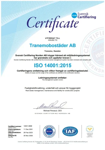 Certifikat för Tranemo Bostäder