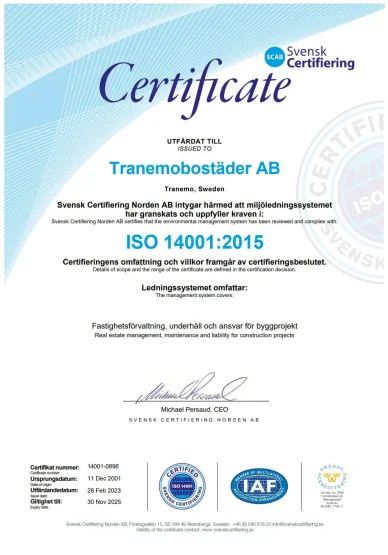 Certifikat för Tranemo Bostäder